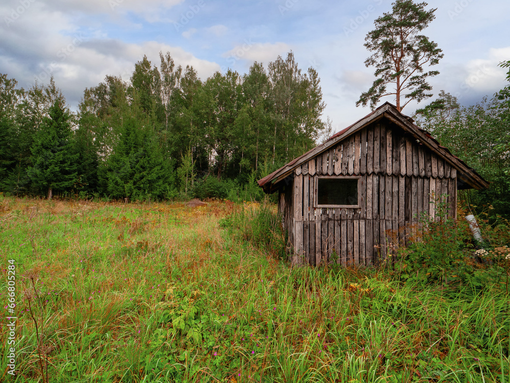 Small abandoned wooden barn or keep by a forest in a tall un cut grass. Baltic states nature scene. Nobody. Small abandoned wooden barn or keep by a forest in a tall un cut grass. Baltic states nature scene. Nobody.