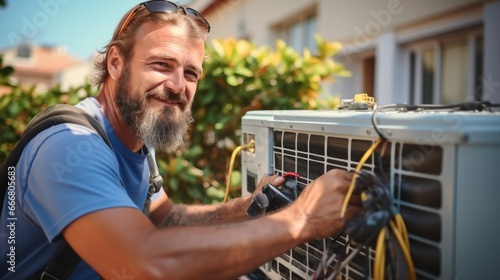 Air conditioner technician services outdoor AC unit. photo