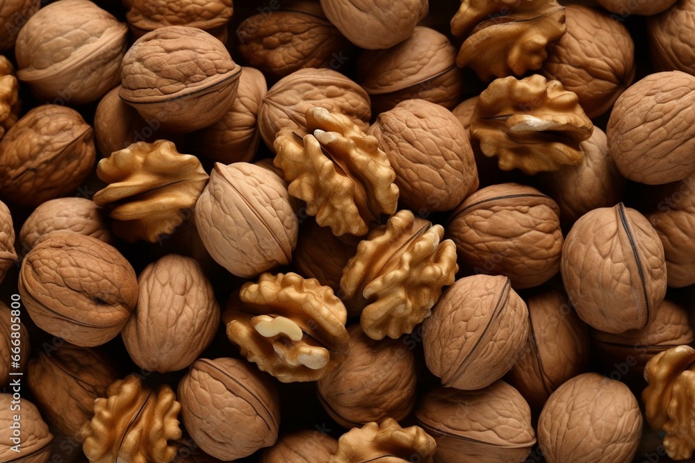 A background of walnuts walnut kernels. Looking up. Background suitable for healthy eating or vegetarianism. Generative AI A background of walnuts walnut kernels. Looking up. Background suitable for healthy eating or vegetarianism. Generative AI