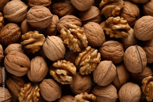 A background of walnuts walnut kernels. Looking up. Background suitable for healthy eating or vegetarianism. Generative AI
