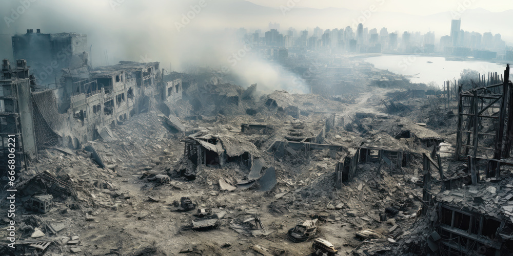 Fototapeta premium Destroyed city in Middle East, panorama of buildings ruins, rubble and smoke, urban destructions. Deserted landscape during war. Concept of wasteland, apocalypse, debris