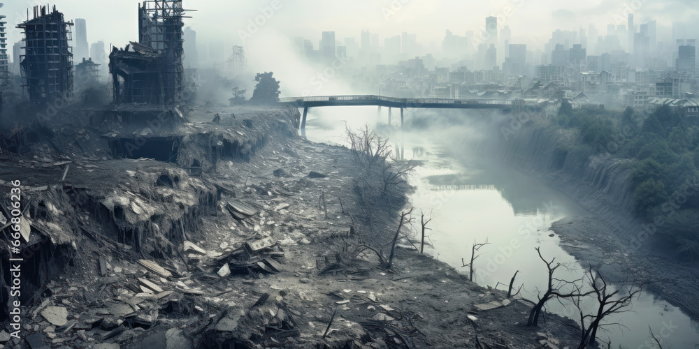 Destroyed city view during war, urban landscape of buildings ruins, river and rubbles. Deserted scene due to missile attacks and bombing. Concept of wasteland, apocalypse - obrazy, fototapety, plakaty 