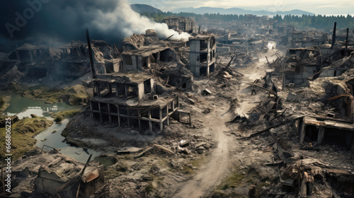Destroyed city view, dramatic landscape of urban destructions, buildings ruins due to war. Deserted scene of rubbles and smoke. Concept of wasteland, post apocalypse