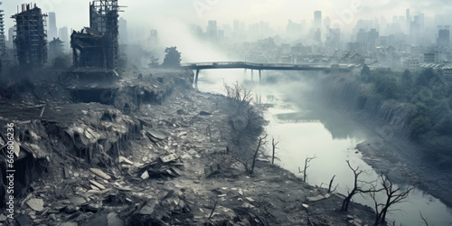 Destroyed city view during war, urban landscape of buildings ruins, river and rubbles. Deserted scene due to missile attacks and bombing. Concept of wasteland, apocalypse