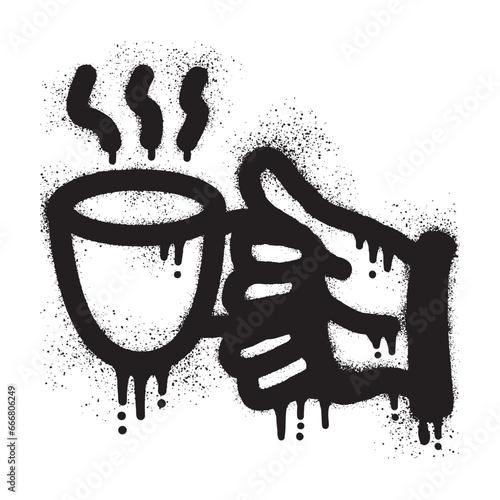 Graffiti of a hand holding coffee cup with black spray paint
