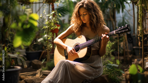 Young woman in dress plays guitar at home backyard, adult girl guitarist practices music. Player with acoustic instrument in green garden. Concept of summer, nature photo