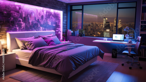 Teens room at night, futuristic design with neon light. Modern home interior in blue and purple colors. Concept of bedroom, cozy contemporary apartment, teenager photo