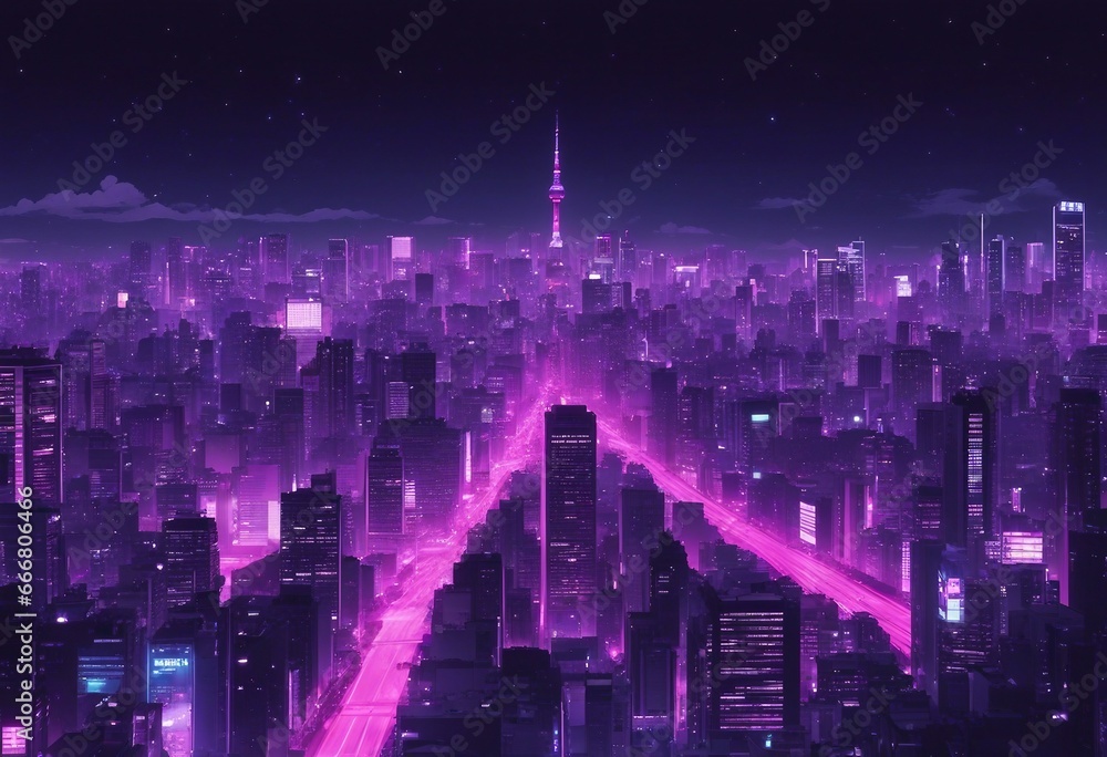 Tokyo City by Night Anime and Manga drawing illustration city views magenta purple neon