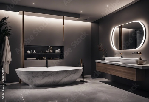 Sleek grey marble bathroom with LED lighting double vanity and freestanding tub photo