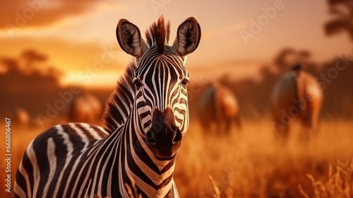 Beautiful zebra horse galloping in the field at sunset. AI generated image