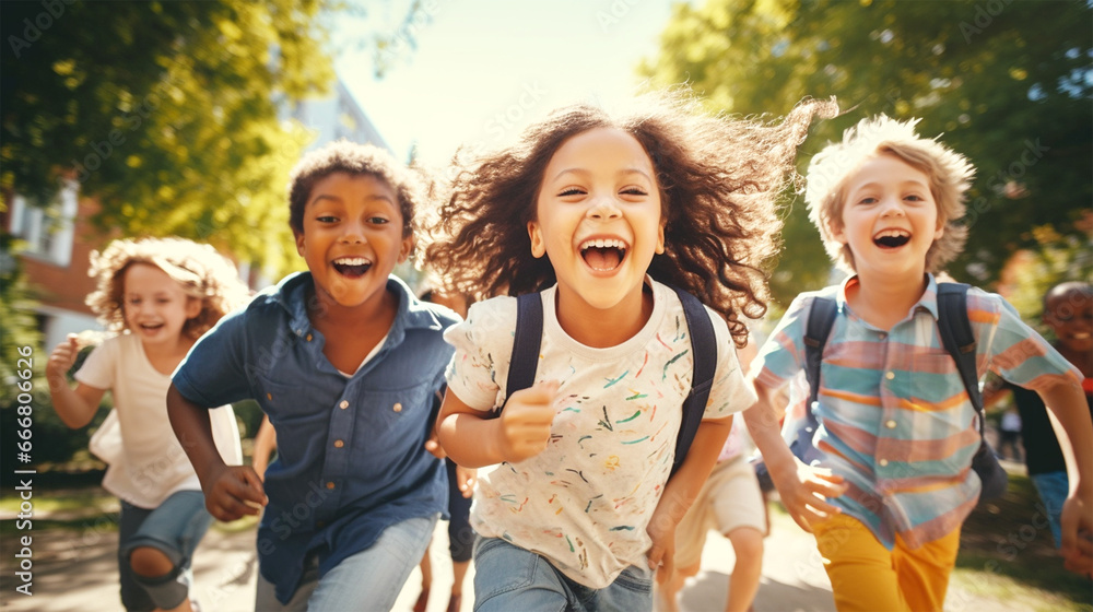 Obraz premium group of happy multiethnic kids running