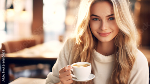 beautiful blonde woman drinking coffee in coffee shop