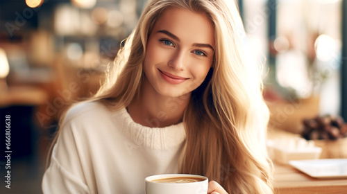 beautiful blonde woman drinking coffee in coffee shop