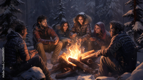 group of friends gathered around bonfire in winter