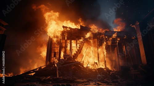 Burning building. Fire. Wildfire. Burning house. Roof of building in flames. generative ai