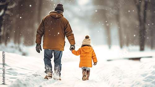 little girl with grandfather walking in snow
