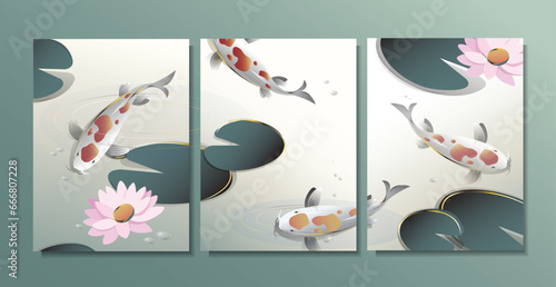 Koi fish swim in the pond with pink water lilies on the surface. Room interior modular paintings set. Top view. Vector illustrations for cover, wall design and others.