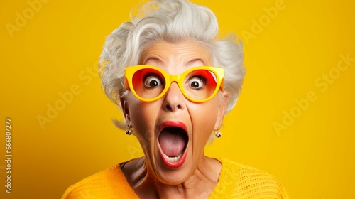Senior woman making funny faces against yellow background  © Abid