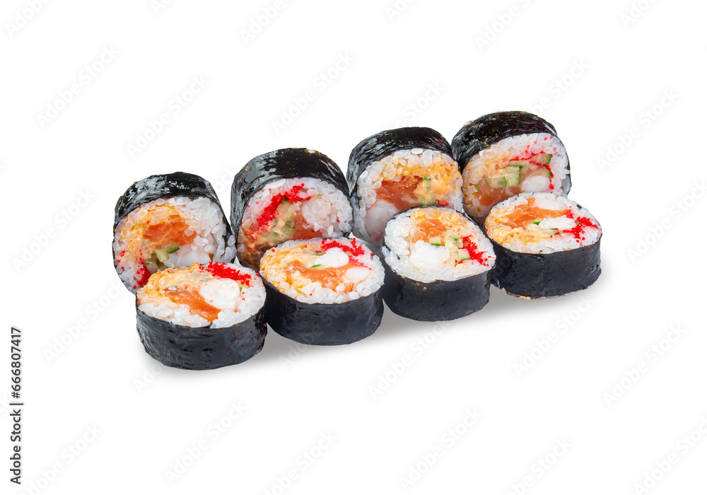 Sushi roll with salmon and shrimp on white background Sushi roll with salmon and shrimp on white background