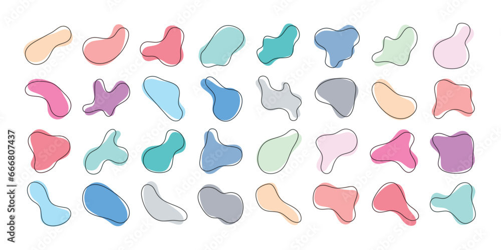 Set collection of organic abstract amoeba fluid blob shape for decoration. Pastel light bright color. Vector illustration Set collection of organic abstract amoeba fluid blob shape for decoration. Pastel light bright color. Vector illustration