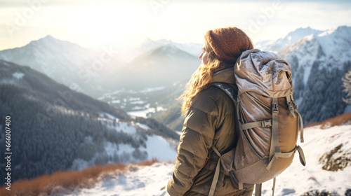 woman wearing rucksack hiking in winter