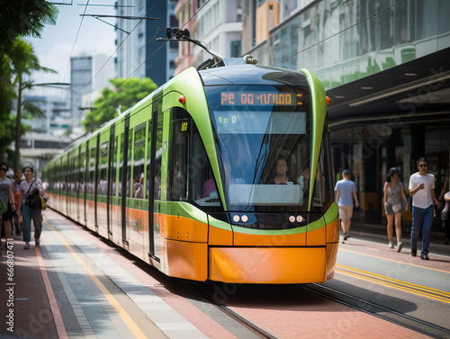 A busy city tram traverses through a vibrant urban setting, filled with bustling activity.