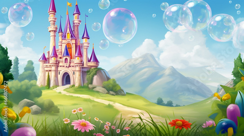 fairy tale castle, meadow with wild flowers, soap bubbles in the air. generative ai