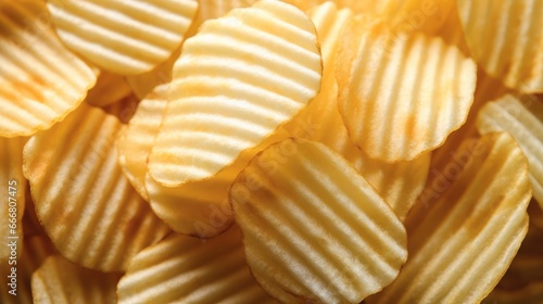 Close up detail of Potato chips with ridges.