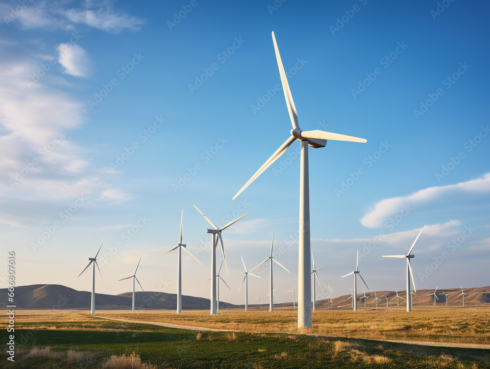 A vibrant wind farm generating clean energy with spinning turbines against a clear sky. A vibrant wind farm generating clean energy with spinning turbines against a clear sky.
