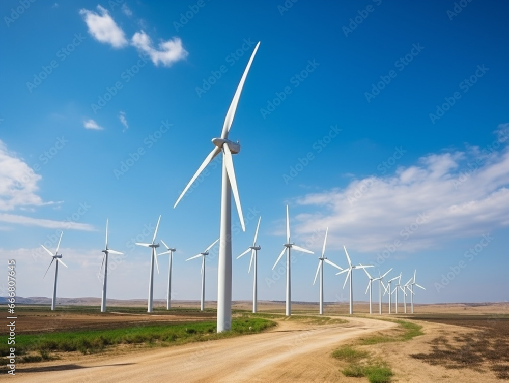 Aerial view of a wind farm with turbines in motion, generating clean energy. Aerial view of a wind farm with turbines in motion, generating clean energy.
