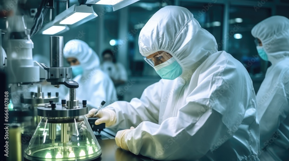 Researchers in protective suits developing new drugs or medicines at Pharmaceutical factory. Researchers in protective suits developing new drugs or medicines at Pharmaceutical factory.