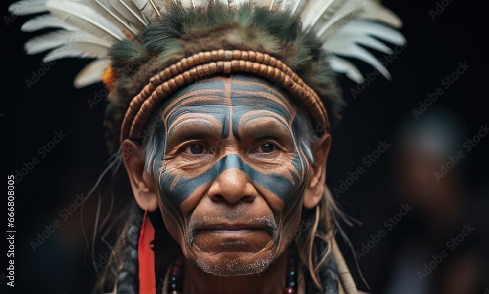 Portrait of native american indian man with face painted in ethnic style. Historical Concept. Background with a copy space.