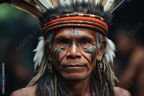 Portrait of an native american man in traditional costume. Historical Concept. Background with a copy space.