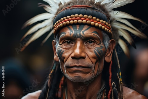 Close-up portrait of an native american warrior in traditional costume. Historical Concept. Background with a copy space.