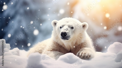 White Polar Bear on winter snow background. AI generated image