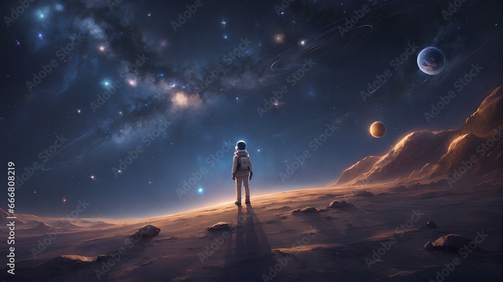 Wallpaper of astronaut in space with lots of stars and planets. AI Generated