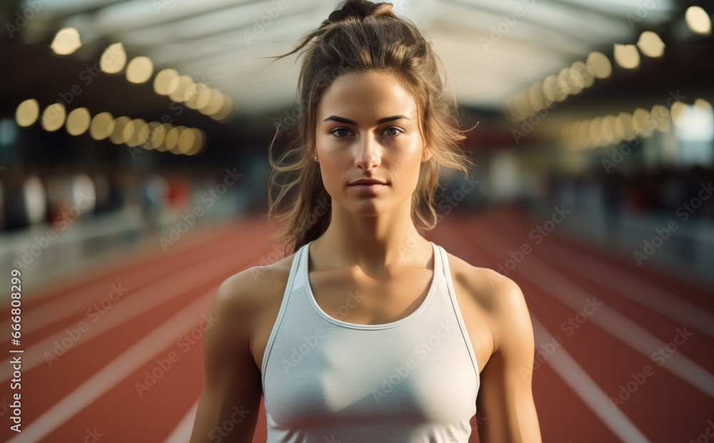 Runner woman at starting line at athletics stadium. Runner woman at starting line at athletics stadium.