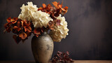 Fall and Autumnal Hydrangeas in Moody Burnt Orange and Cream Color Tones, Aged Brown Stone Flower Pot, Cozy Thanksgiving Aesthetic with Muted Color Grading on Dark Textured Background - Horizontal