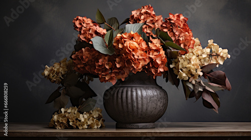 Fall and Autumnal Hydrangeas in Moody Burnt Orange and Cream Color Tones, Aged Brown Stone Flower Pot, Cozy Thanksgiving Aesthetic with Muted Color Grading on Dark Textured Background - Horizontal