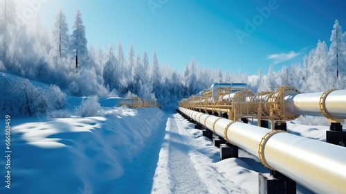 Gas pipeline with snow at winter landscape, Pressurized hydrogen transport.