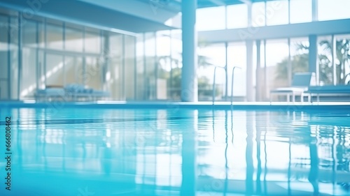 blurred background with a luxury swimming pool in a modern hotel or gym. background for advertising with space for text © yana136