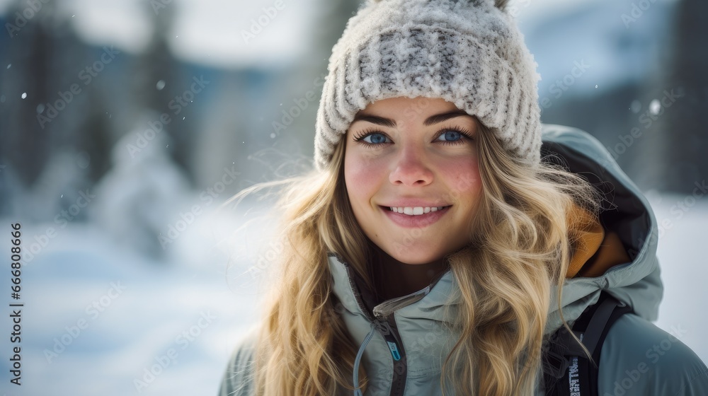 Beautiful woman in warm clothes with snow in winter landscape, Winter hiker or cross country skier. Beautiful woman in warm clothes with snow in winter landscape, Winter hiker or cross country skier.