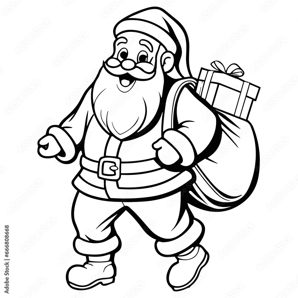 Santa Claus with Gifts Coloring Page for Kids, AI Generated