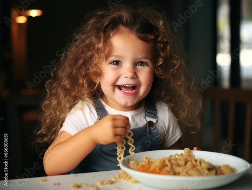Adorable toddler girl eat pasta spaghetti  happy preschool child eating using fork and by hands fresh cooked healthy meal with noodles home  indoors   table  kitchen