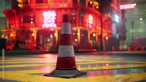 A red and white traffic cone on a street photo