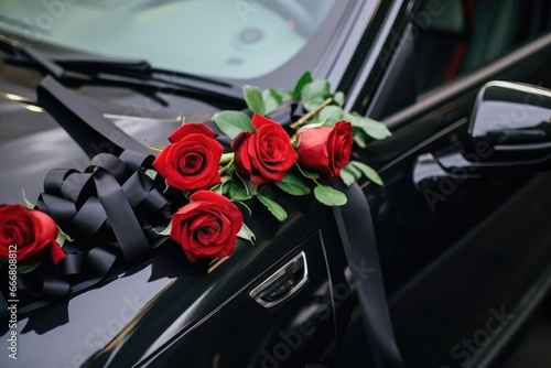 red rose flowers on wedding car