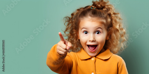 surprised girl pointing with finger on copy space color background