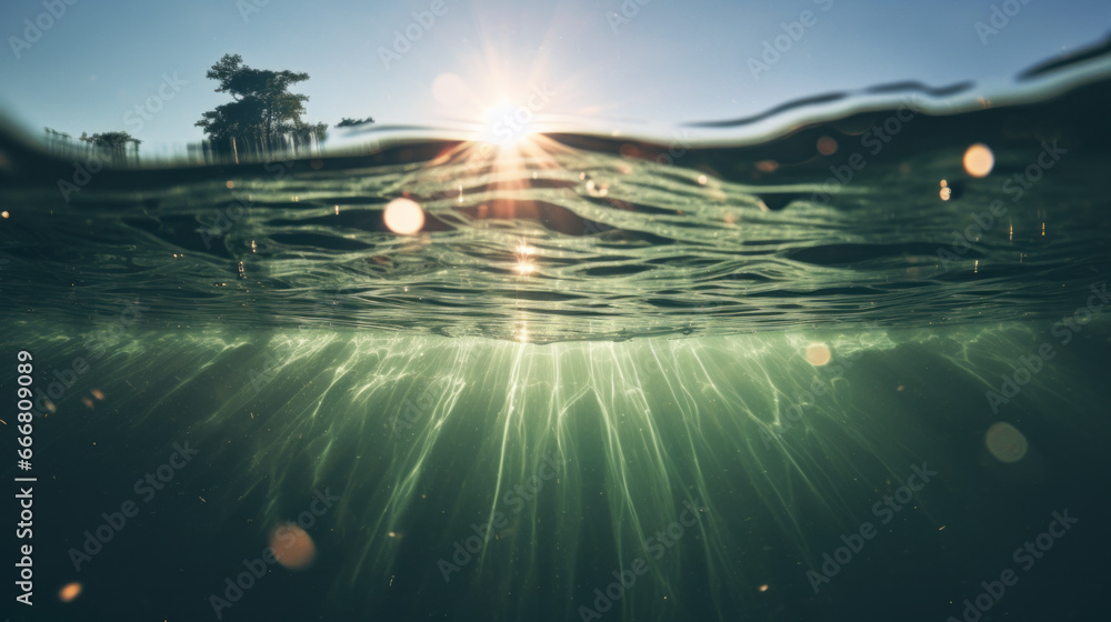 A vibrant underwater scene illuminated by the sun's rays