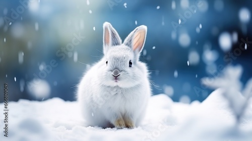 White rabbit is sitting on snow blurred background. AI generated image © prastiwi