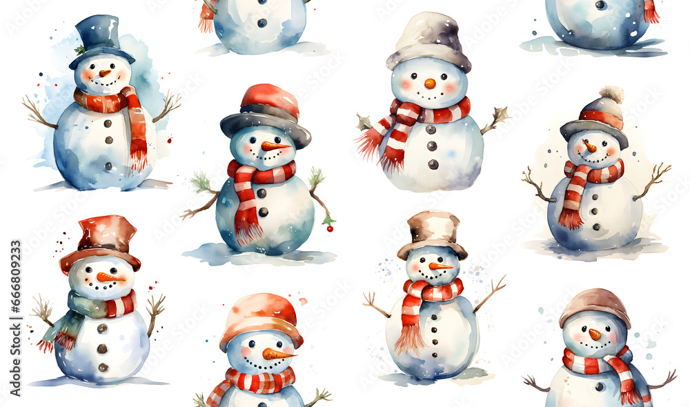 Snowmen - Seamless Tile, Repeating Pattern, Christmas Holiday, gift wrap, wrapping paper - Watercolor on White - Generative AI